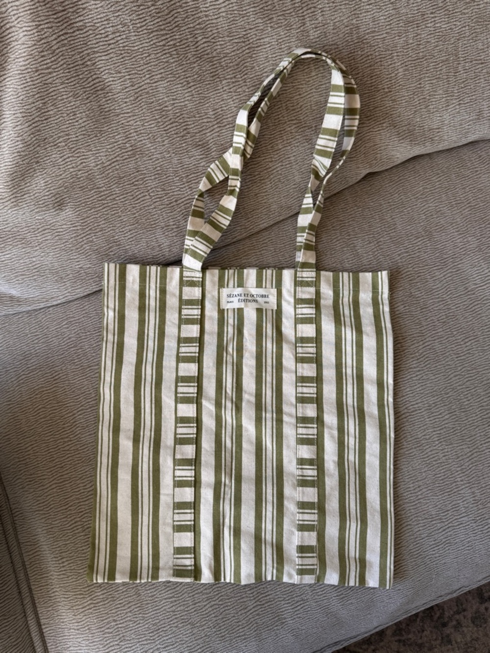 Sezane Green and Cream Striped Canvas Tote